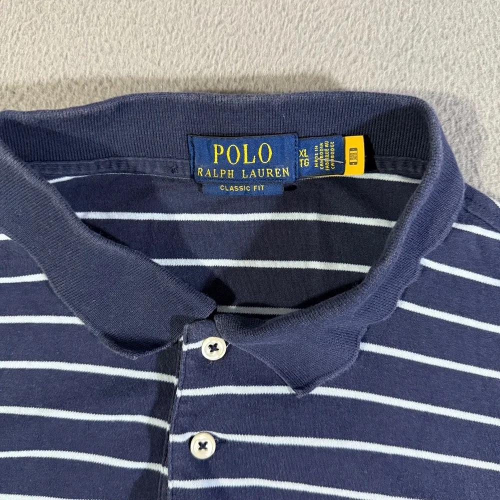 Polo Ralph Lauren Mens‎ XL Navy Blue Striped Classic Fit Polo Shirt Flesh Pony